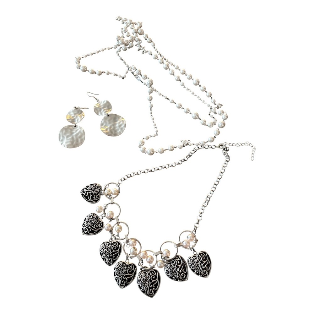 Silver Tone Jewelry Lot Heart Filigree Bib Necklace Pearl Strand Drop Earrings
